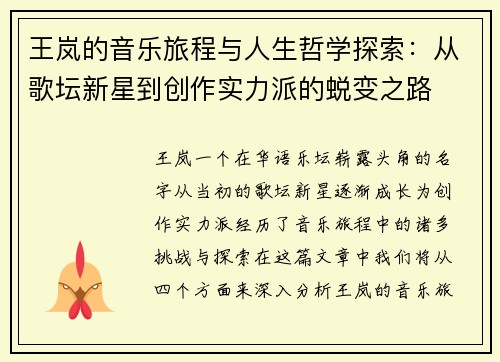 王岚的音乐旅程与人生哲学探索：从歌坛新星到创作实力派的蜕变之路